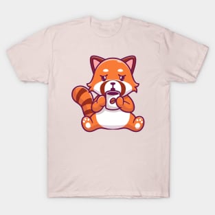 Cute Red Panda Drinking Coffee Cartoon T-Shirt